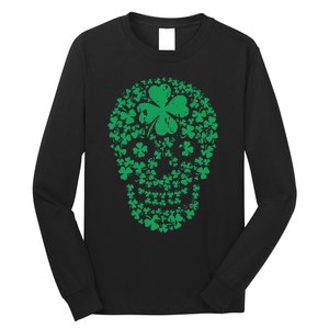 Shamrock Skull, Lucky Clover Leaf Irish Skull Long Sleeve Shirt