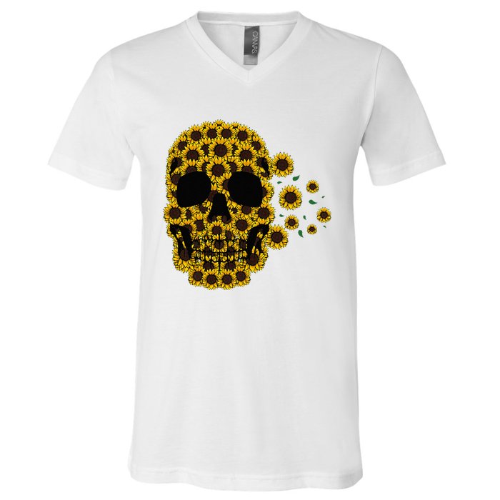 Sunflower Skull Lazy Halloween Costume Cute Skeleton V-Neck T-Shirt