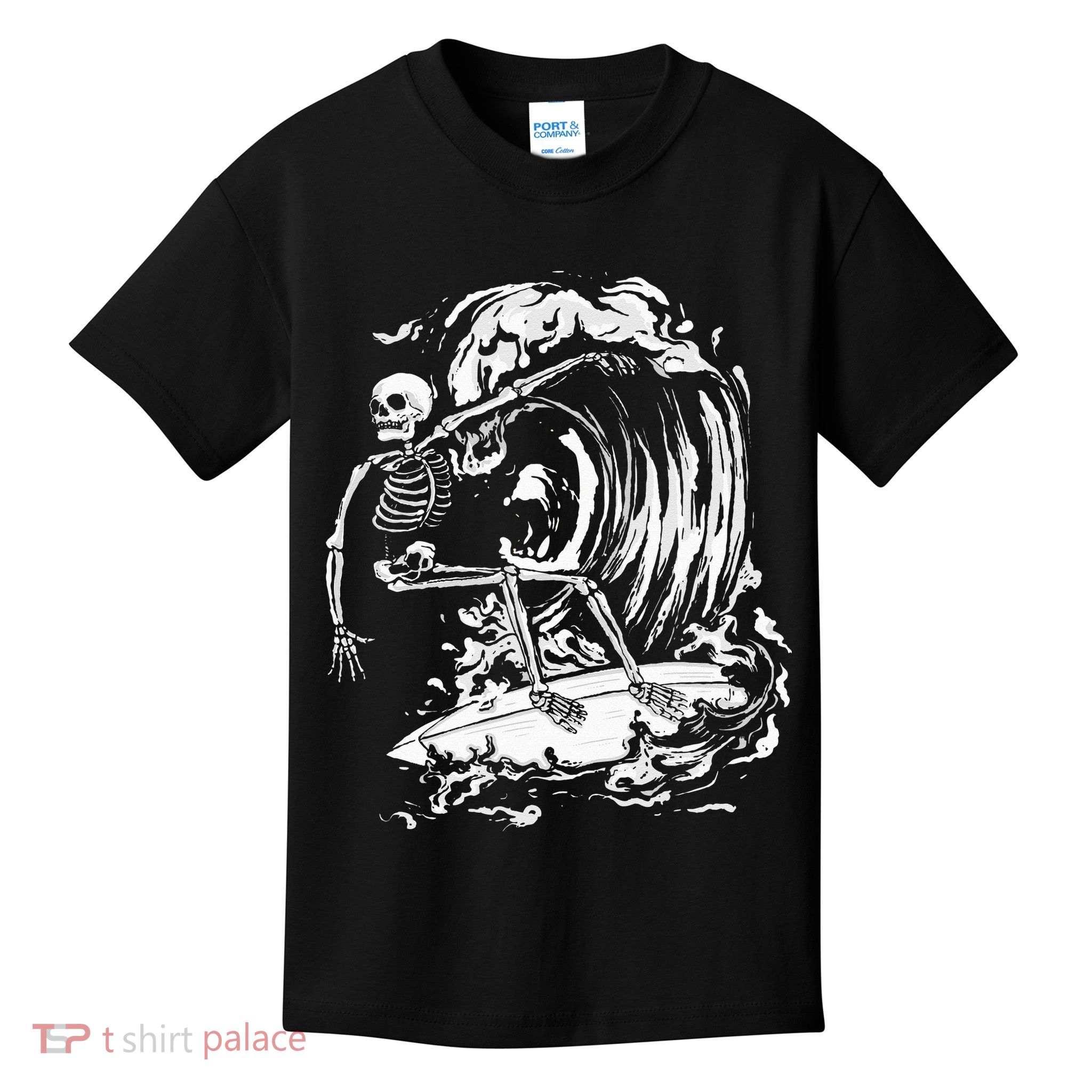Skeleton Surfing Lazy Halloween Costume Skull Bones Surfer Kids T-Shirt