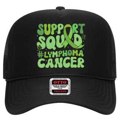 Support Squad Lymphoma Cancer Awareness Green Ribbon High Crown Mesh Back Trucker Hat