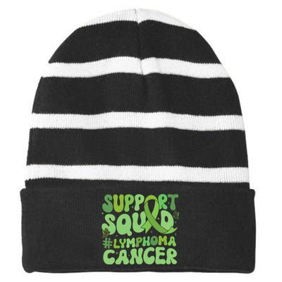 Support Squad Lymphoma Cancer Awareness Green Ribbon Striped Beanie with Solid Band