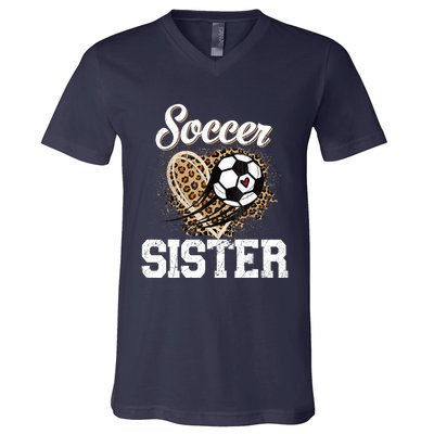 Soccer Sister Leopard Funny Soccer Sister Mother's Day V-Neck T-Shirt