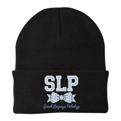 SLP Speech Language Pathology Floral Coquette Blue Bow Knit Cap Winter Beanie