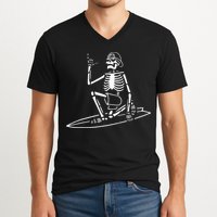 Skeleton Surfing Lazy Halloween Costume Skull Bones Surfer V-Neck T-Shirt