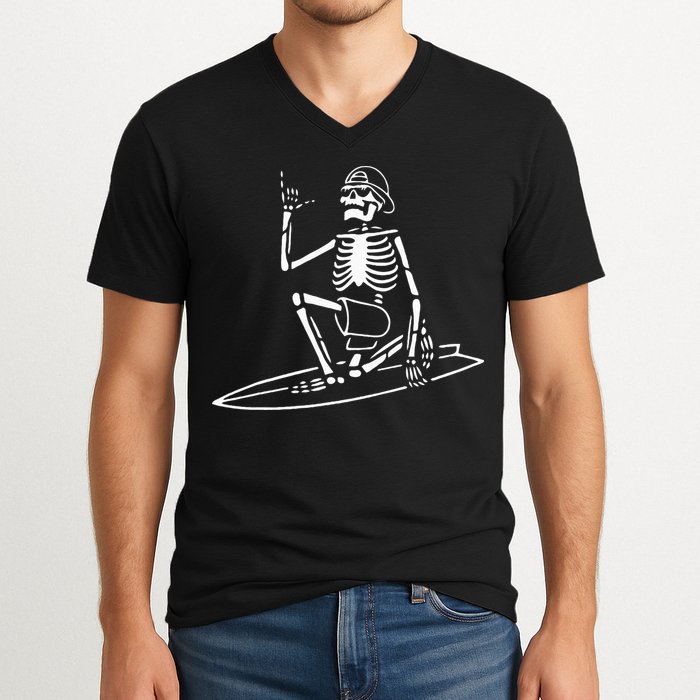 Skeleton Surfing Lazy Halloween Costume Skull Bones Surfer V-Neck T-Shirt