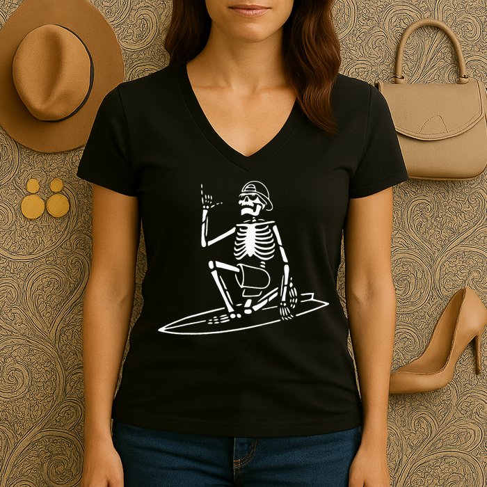 Skeleton Surfing Lazy Halloween Costume Skull Bones Surfer Women's V-Neck T-Shirt