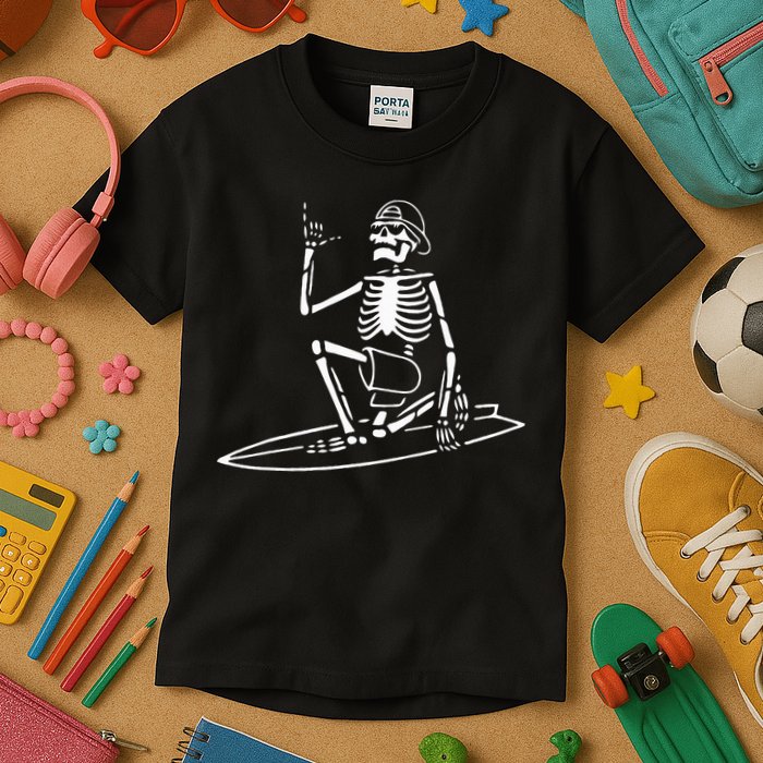 Skeleton Surfing Lazy Halloween Costume Skull Bones Surfer Kids T-Shirt