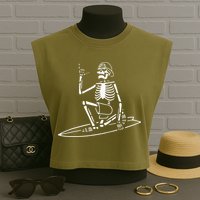 Skeleton Surfing Lazy Halloween Costume Skull Bones Surfer Garment-Dyed Women's Muscle Tee
