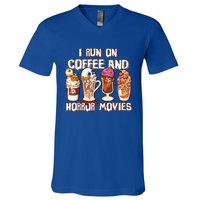 Spooky Season Latte Fall I Run On Coffee And Horror Movies Gift V-Neck T-Shirt