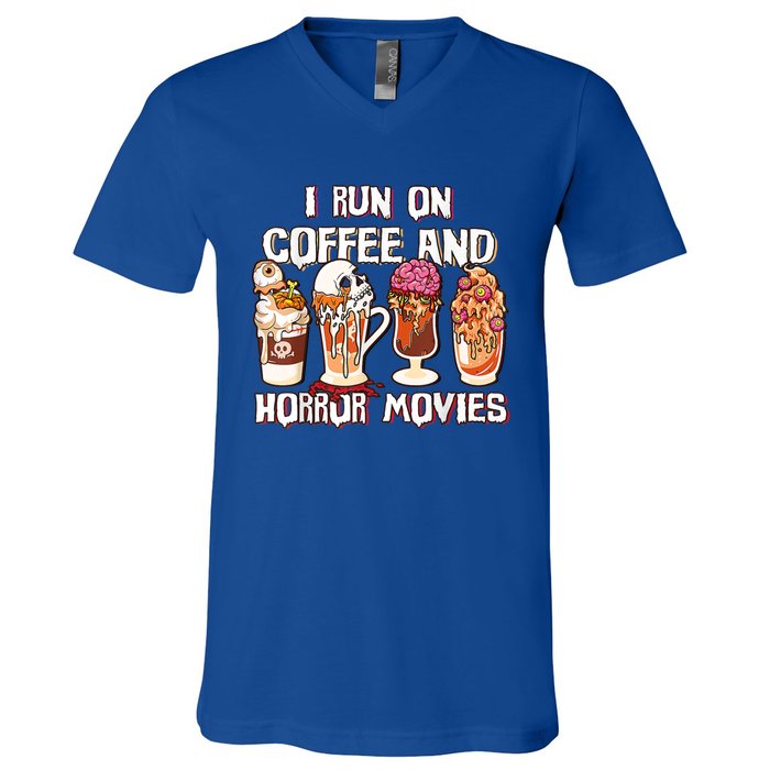 Spooky Season Latte Fall I Run On Coffee And Horror Movies Gift V-Neck T-Shirt