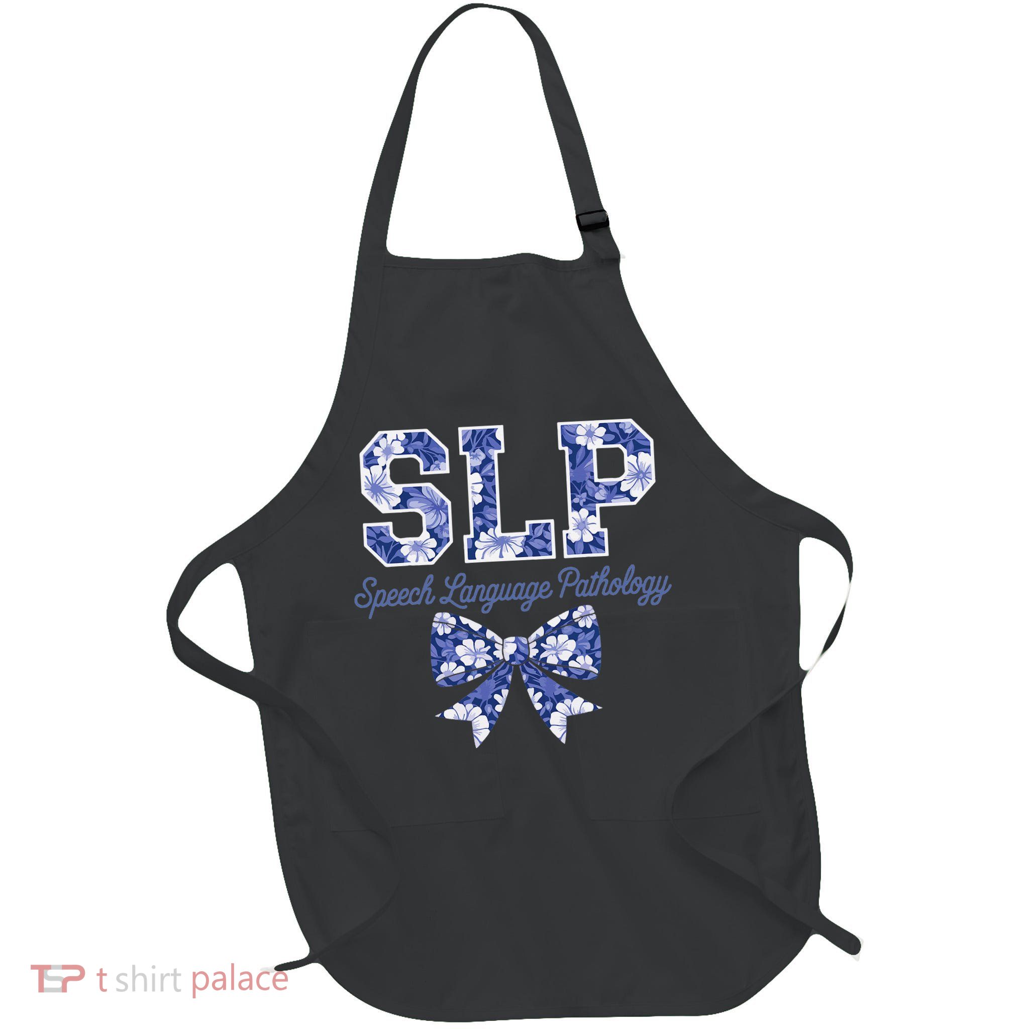 SLP Speech Language Pathology Floral Coquette Blue Bow Full-Length Apron With Pockets