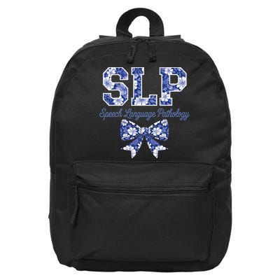 SLP Speech Language Pathology Floral Coquette Blue Bow 16 in Basic Backpack