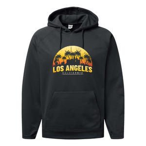 Surfing Sunset Los Angeles Skyline Summer Beach Gift Performance Fleece Hoodie