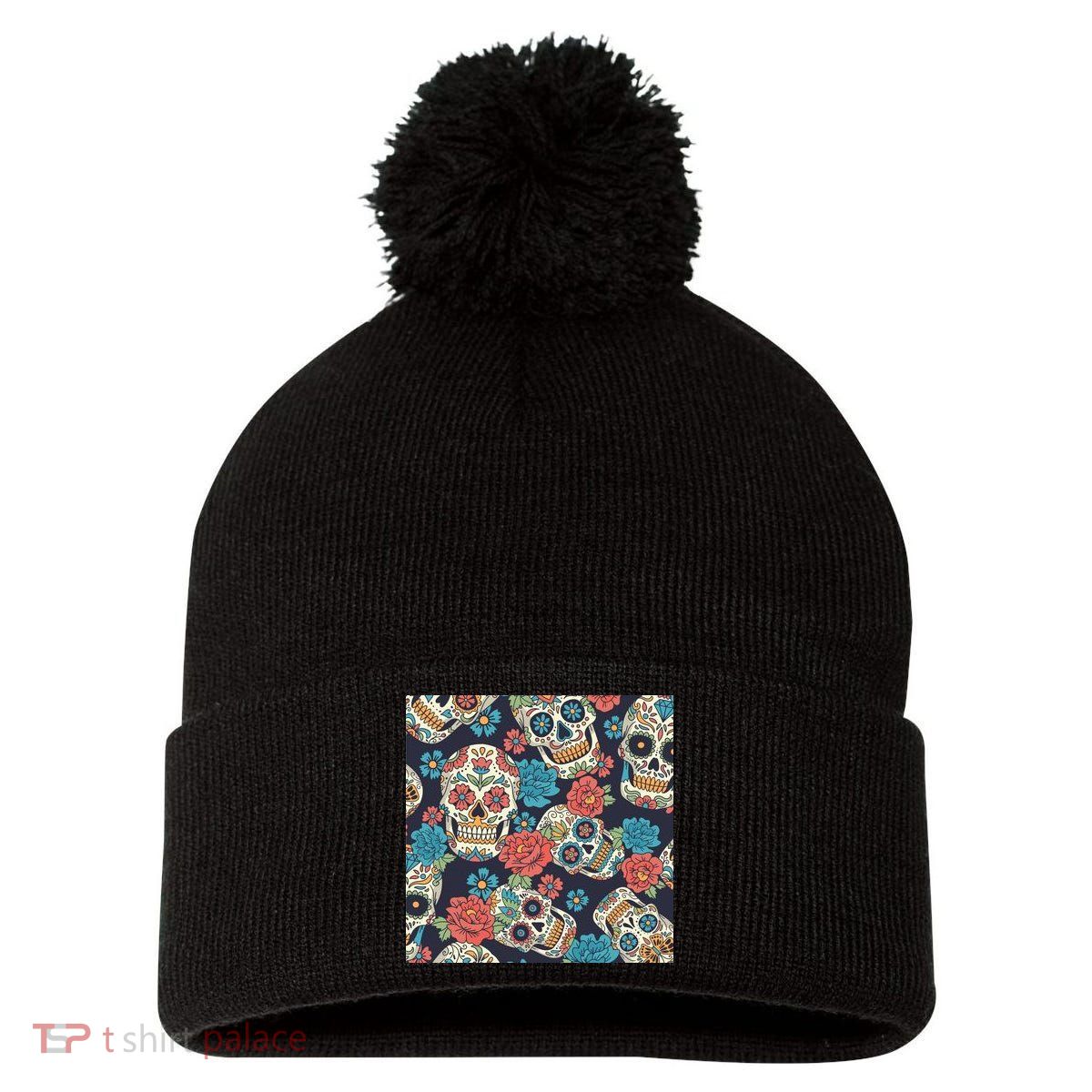 Sugar Skulls Mexican Pom Pom 12in Knit Beanie
