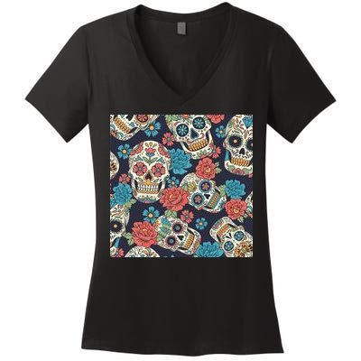 Sugar Skulls Mexican Women's V-Neck T-Shirt