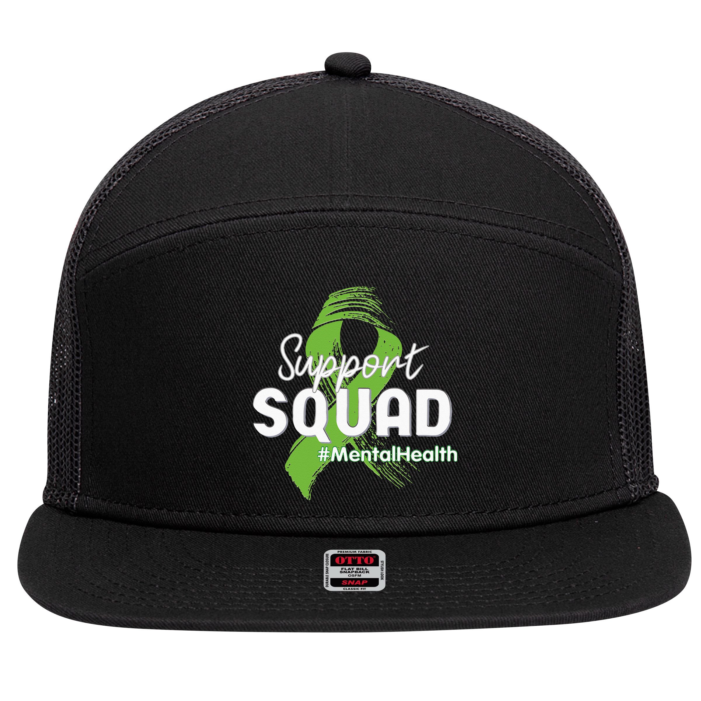 Support Squad Mental Health Awareness Lime Green Ribbon 7 Panel Mesh Trucker Snapback Hat