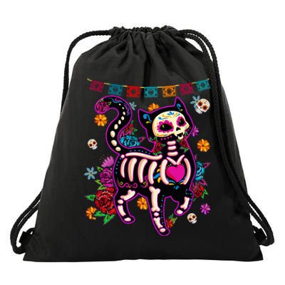 Sugar Skull Mexican Cat Bone Halloween Day Of Dead Drawstring Bag