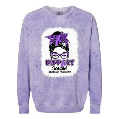 Support Squad Messy Bun Purple Ribbon Overdose Awareness Colorblast Crewneck Sweatshirt