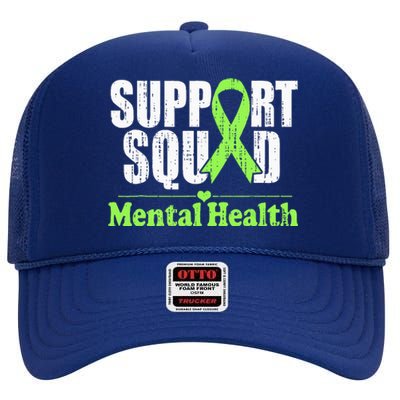 Support Squad Mental Health Awareness Lime Green Ribbon High Crown Mesh Back Trucker Hat