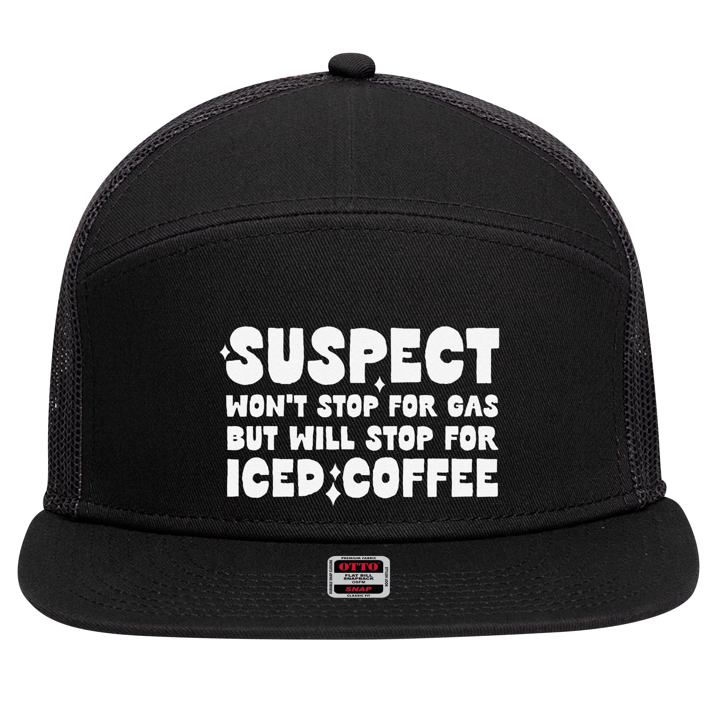 Suspect Social Media Trend Iced Coffee Lover Not Gas Joke 7 Panel Mesh Trucker Snapback Hat