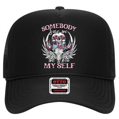 Somebody Save Me From Myself Floral Skull High Crown Mesh Back Trucker Hat