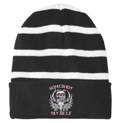 Somebody Save Me From Myself Floral Skull Striped Beanie with Solid Band