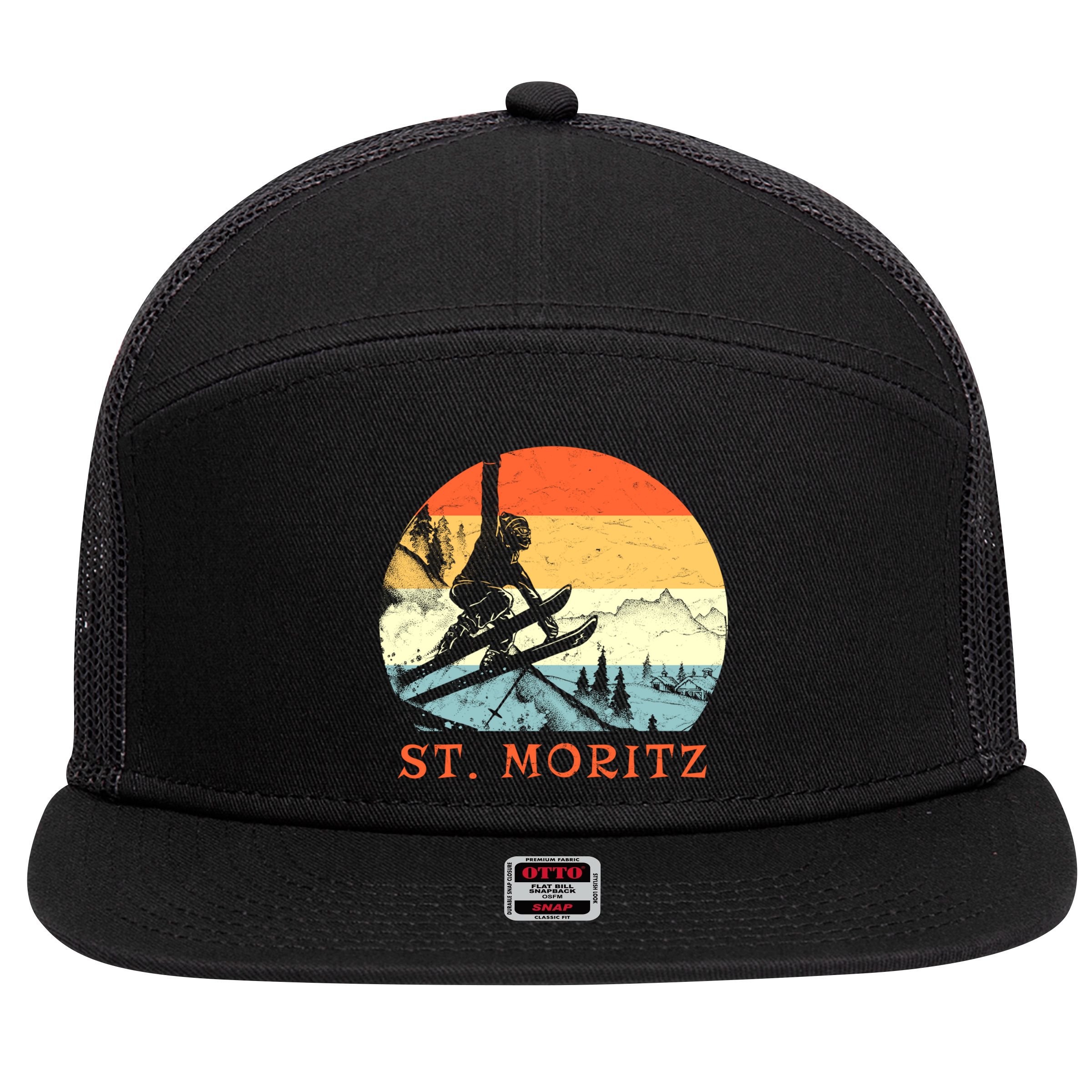 Ski St Moritz Switzerland Vintage Snow Skiing Vacation Gift 7 Panel Mesh Trucker Snapback Hat