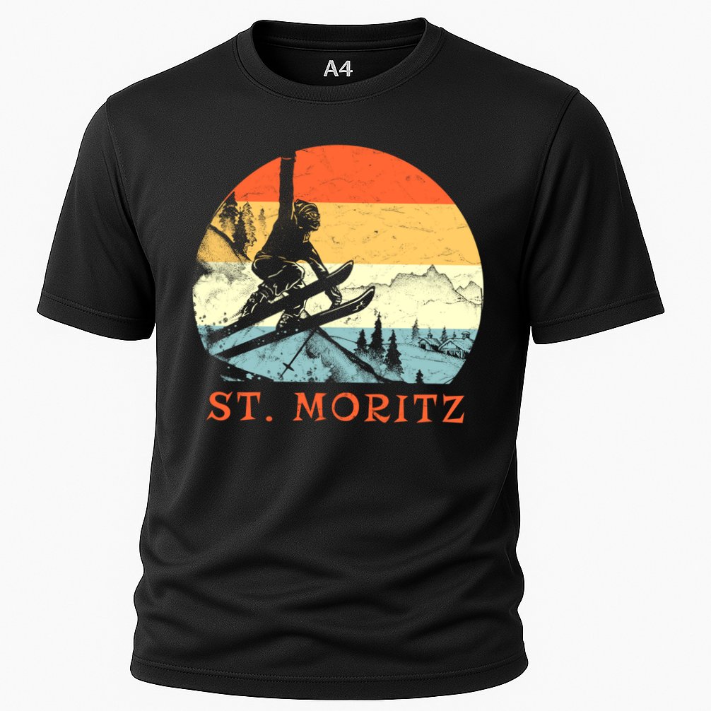 Ski St Moritz Switzerland Vintage Snow Skiing Vacation Gift Cooling Performance Crew T-Shirt