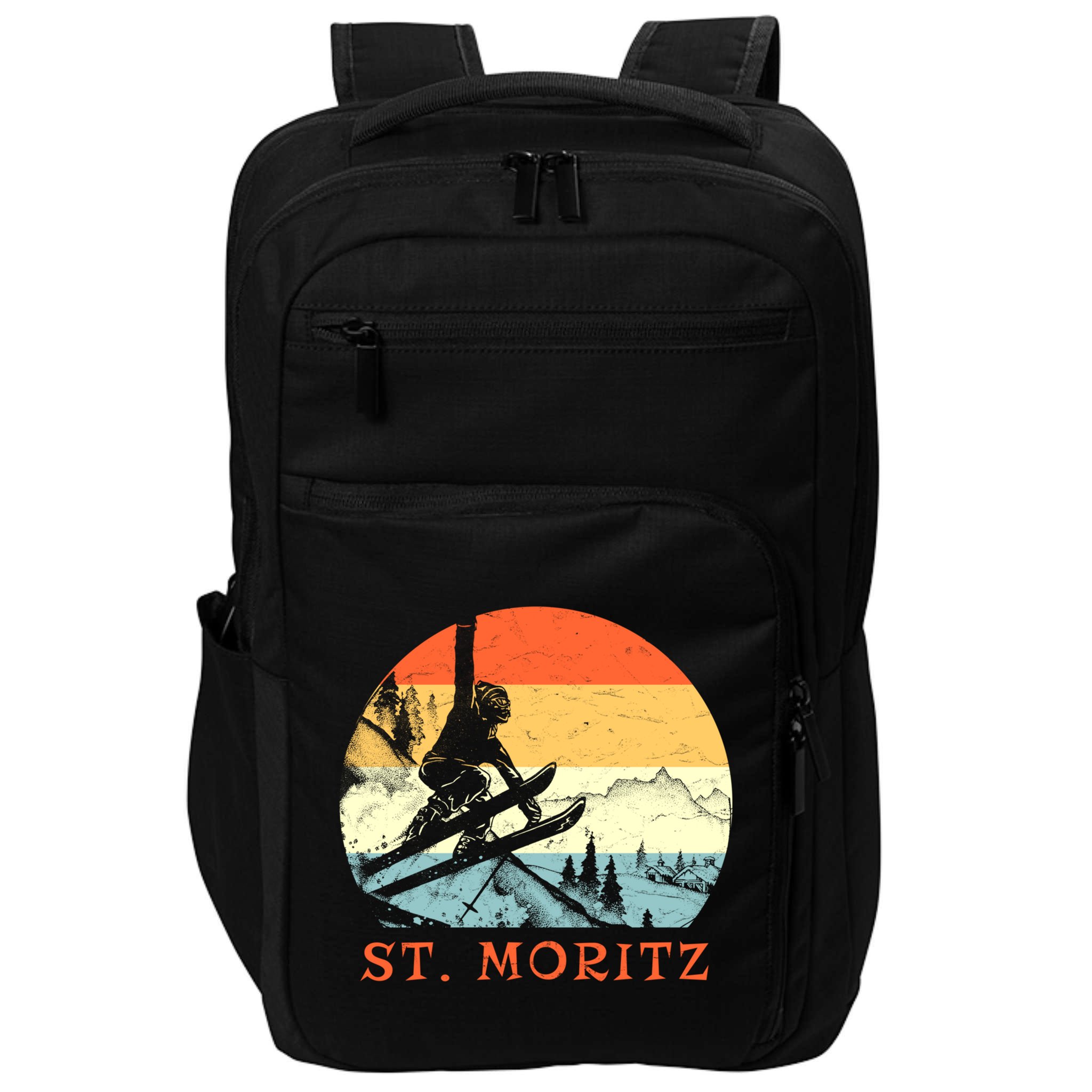 Ski St Moritz Switzerland Vintage Snow Skiing Vacation Gift Impact Tech Backpack