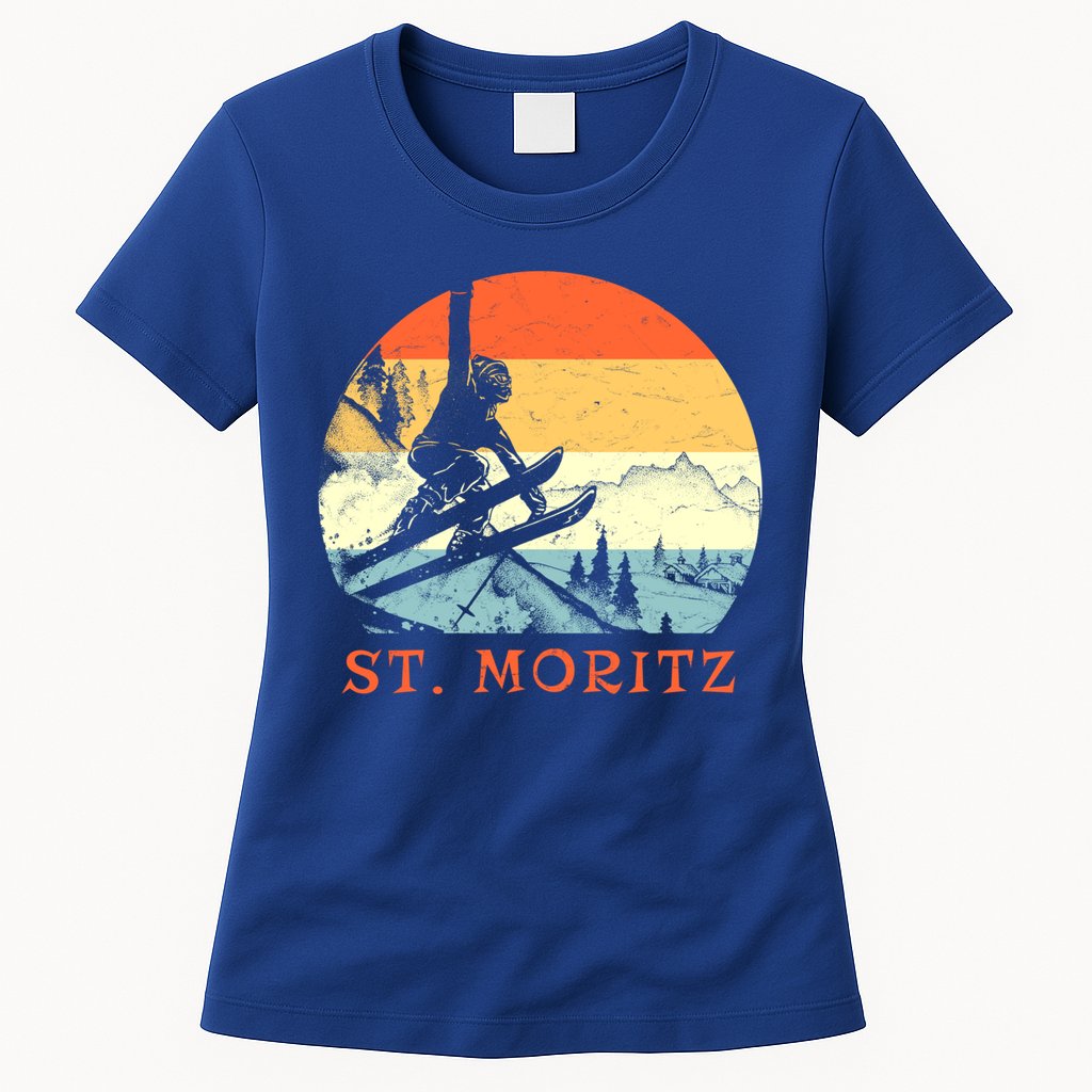 Ski St Moritz Switzerland Vintage Snow Skiing Vacation Gift Womens T-Shirt