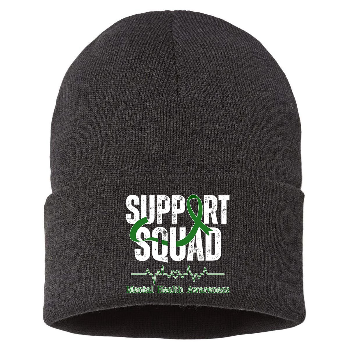Support Squad Mental Health Awareness Heartbeat Ribbon Sustainable Knit Beanie
