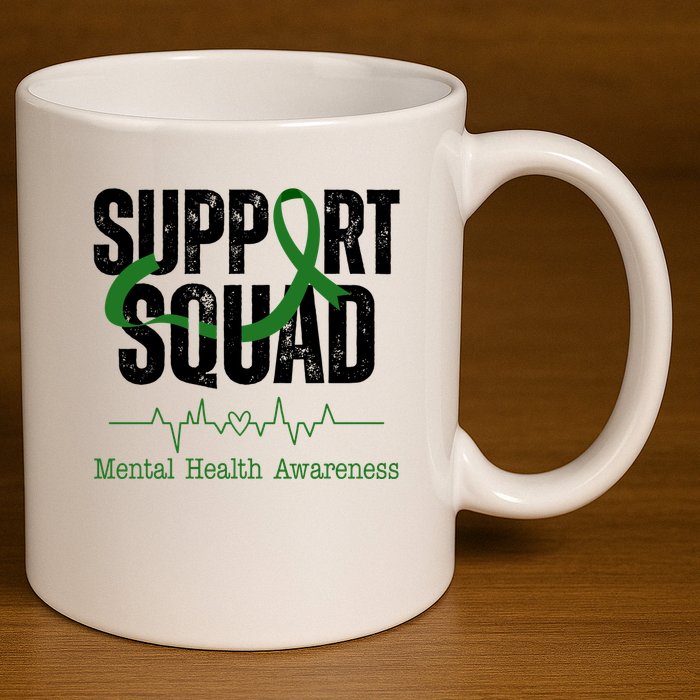 Support Squad Mental Health Awareness Heartbeat Ribbon 11oz C Handle Ceramic Mug