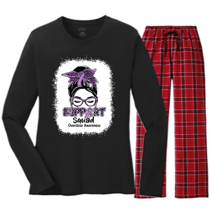 Support Squad Messy Bun Purple Ribbon Overdose Awareness Women's Long Sleeve Flannel Pajama Set 