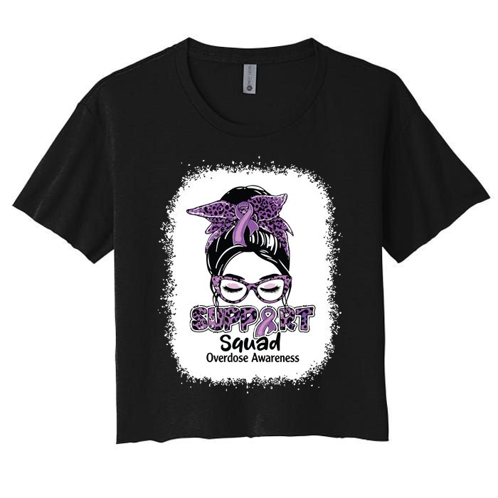 Support Squad Messy Bun Purple Ribbon Overdose Awareness Women's Crop Top Tee