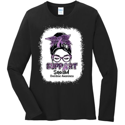 Support Squad Messy Bun Purple Ribbon Overdose Awareness Ladies Long Sleeve Shirt