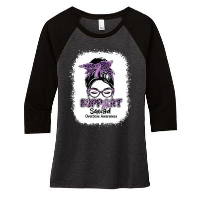 Support Squad Messy Bun Purple Ribbon Overdose Awareness Women's Tri-Blend 3/4-Sleeve Raglan Shirt