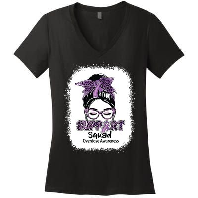 Support Squad Messy Bun Purple Ribbon Overdose Awareness Women's V-Neck T-Shirt