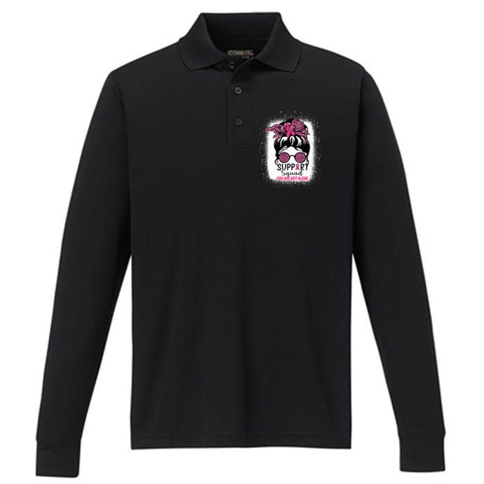 Support Squad Messy Bun Pink Warrior Breast Cancer Awareness Performance Long Sleeve Polo