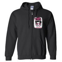 Support Squad Messy Bun Pink Warrior Breast Cancer Awareness Full Zip Hoodie