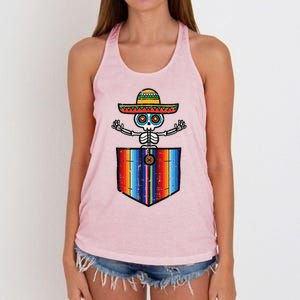 Serape Skeleton Mariachi Pocket Cinco De Mayo Mexican Party Women's Knotted Racerback Tank