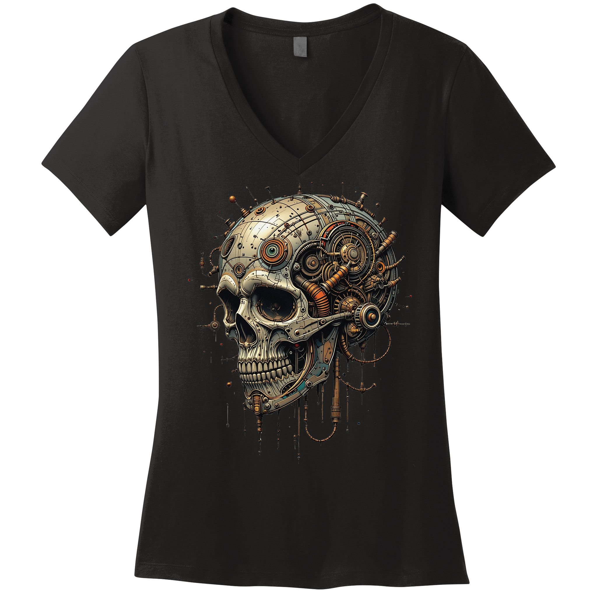 Steampunk Skull Mechanics Gear Victorian-era Sci-fi Vintage Women's V-Neck T-Shirt