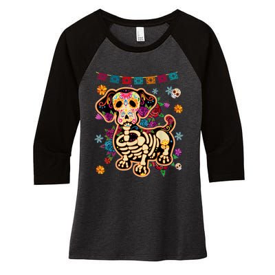 Sugar Skull Mexican Dachshund Bone Halloween Day Of Dead Women's Tri-Blend 3/4-Sleeve Raglan Shirt