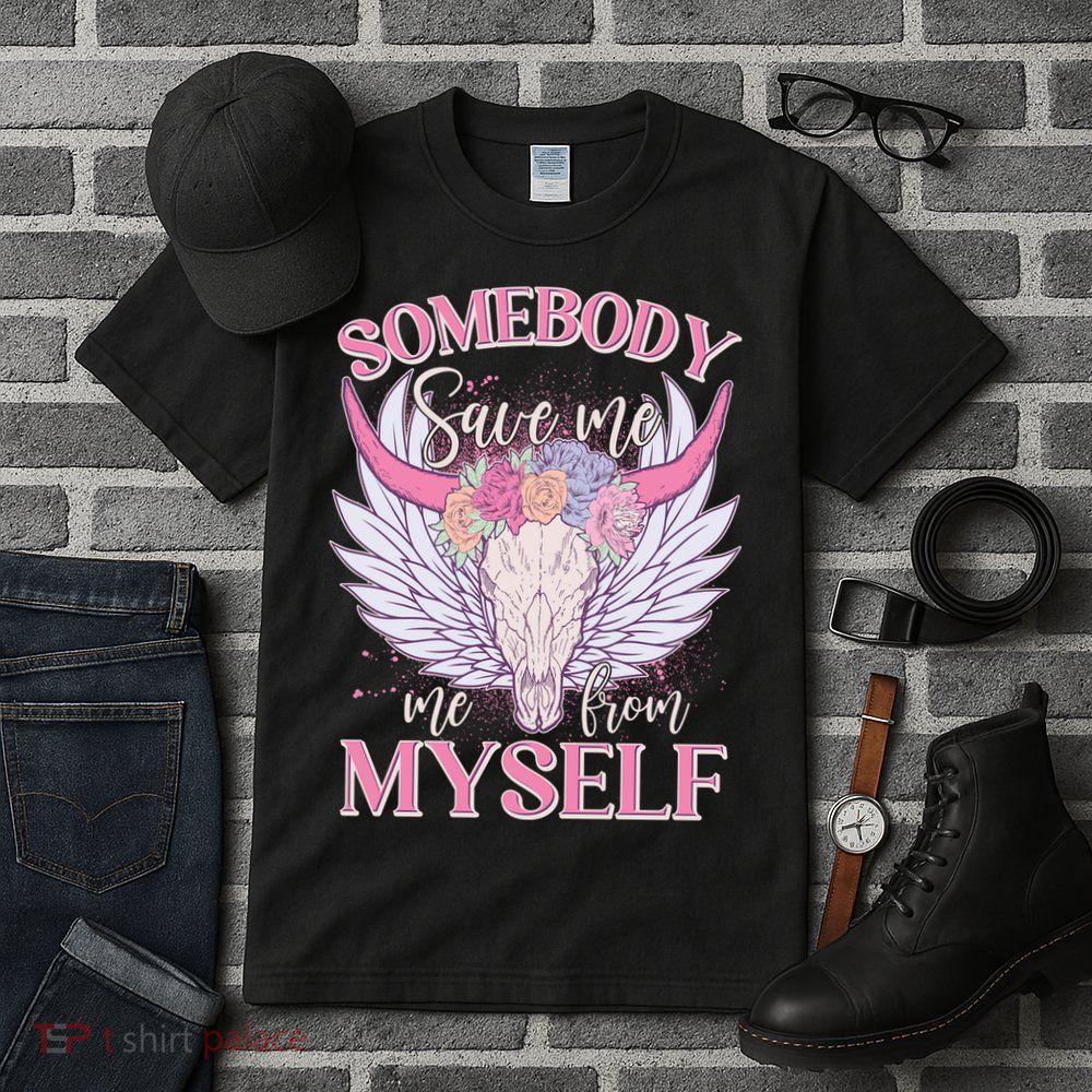 Somebody Save Me Me From Myself Vintage Boho Cow Skull Tall T-Shirt