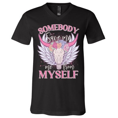 Somebody Save Me Me From Myself Vintage Boho Cow Skull V-Neck T-Shirt