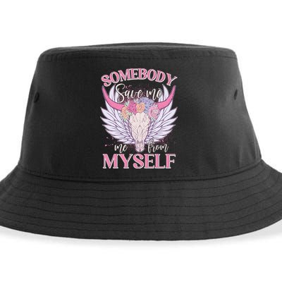 Somebody Save Me Me From Myself Vintage Boho Cow Skull Sustainable Bucket Hat