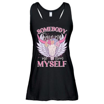 Somebody Save Me Me From Myself Vintage Boho Cow Skull Ladies Essential Flowy Tank