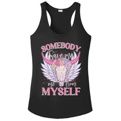 Somebody Save Me Me From Myself Vintage Boho Cow Skull Ladies PosiCharge Competitor Racerback Tank