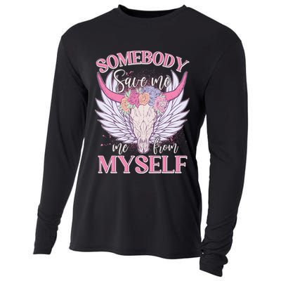 Somebody Save Me Me From Myself Vintage Boho Cow Skull Cooling Performance Long Sleeve Crew