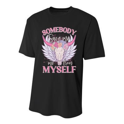 Somebody Save Me Me From Myself Vintage Boho Cow Skull Youth Performance Sprint T-Shirt