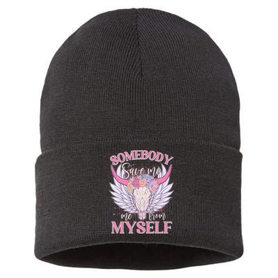 Somebody Save Me Me From Myself Vintage Boho Cow Skull Sustainable Knit Beanie